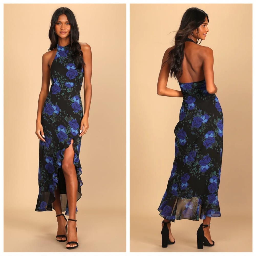 Lulus Elegant Entrance Black Floral Print Halter Maxi Dress XSmall